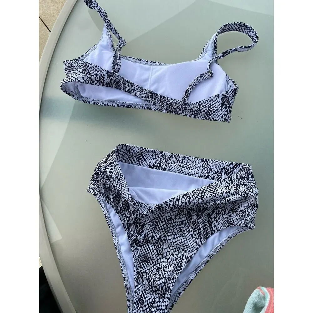 Exhilaration Black/ White Snake Print 2pc Bikini Womens MED High Waisted Bottom‎